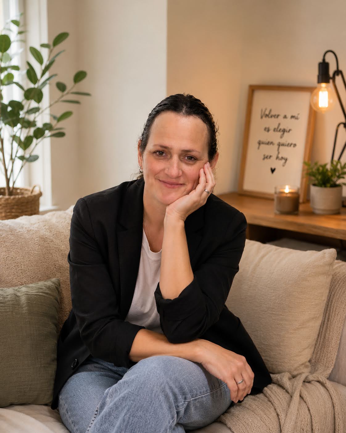 Florencia Corengia sonriendo, sentada en un living cálido con plantas y un cuadro que dice 'Volver a mí es elegir quién quiero ser hoy'