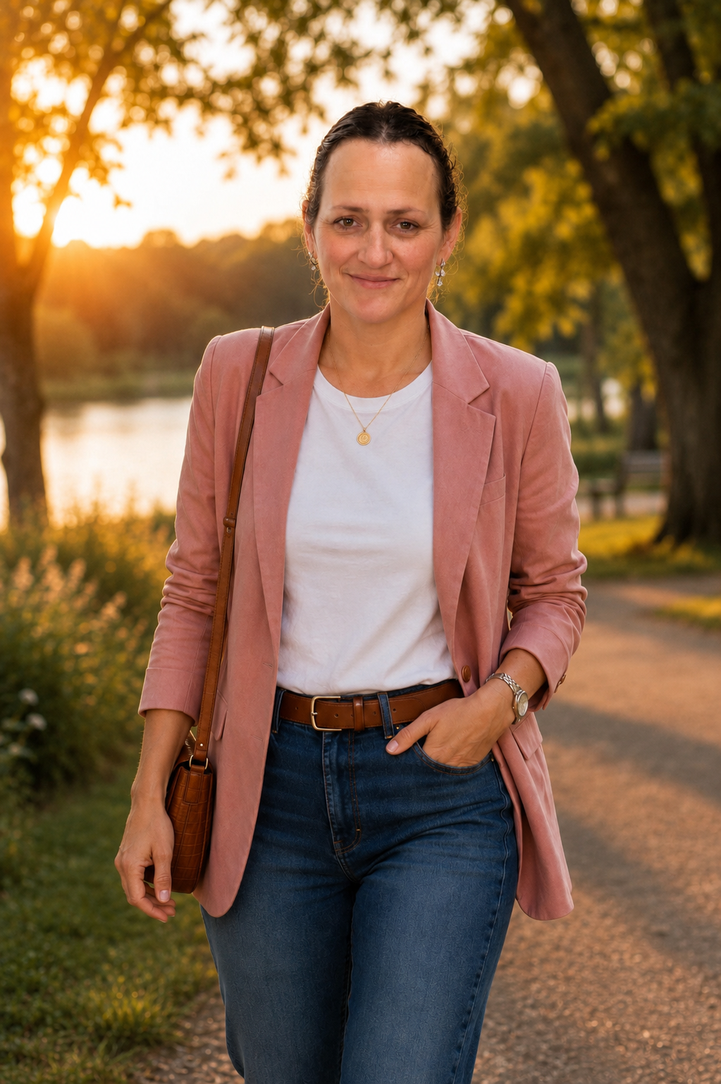 Flor sonriendo, caminando al aire libre junto a un lago al atardecer